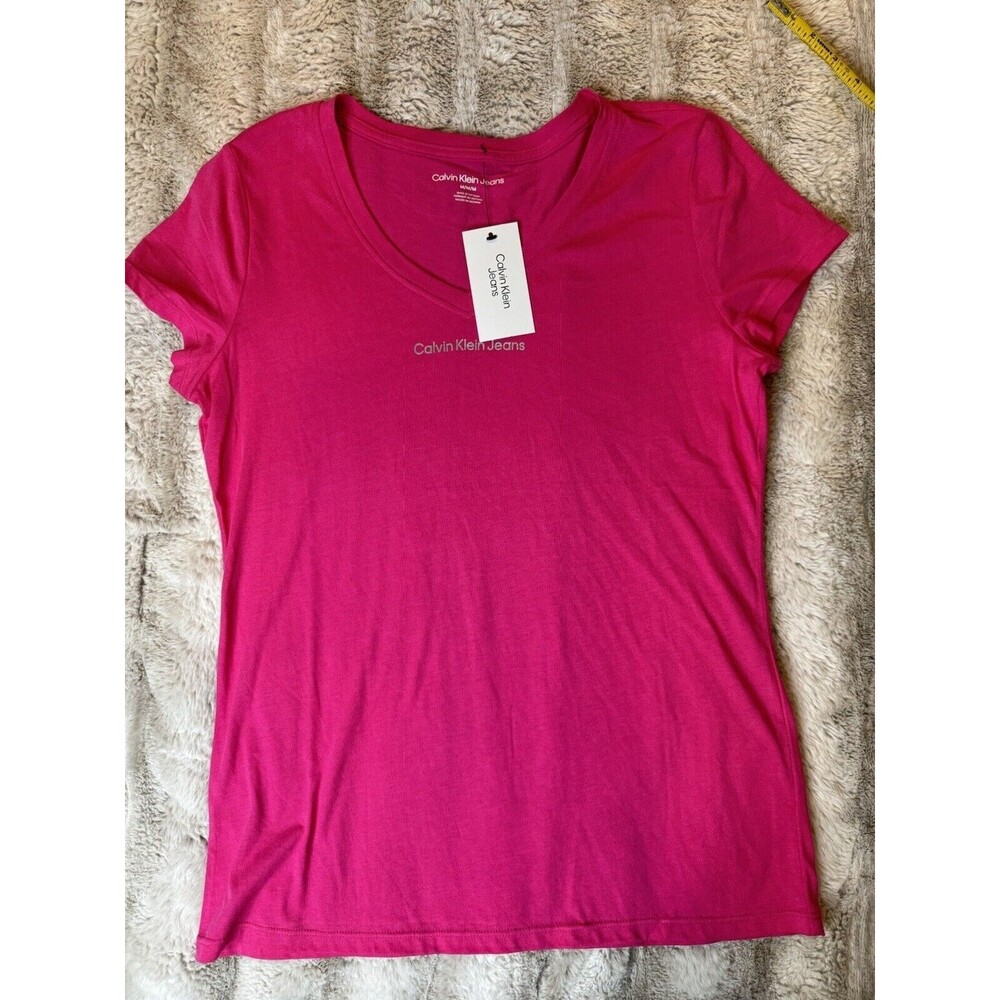 Calvin Klein Jeans Women’s Pink Short Sleeve V-Neck Top Size Medium New